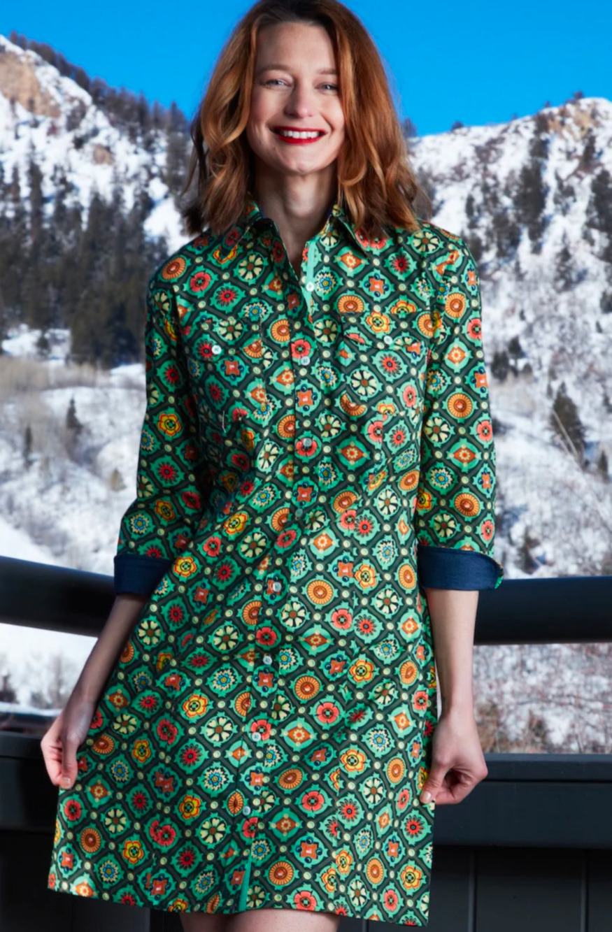 Dizzy Lizzy XS Dress Sag Harbor Green Medallion Button Up Shirt Dress 3/4 Sleeve